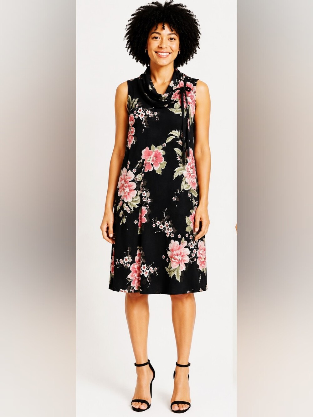 Robbie Bee Sleeveless Floral Dress, Black, Pink, Orange Flowers, Cowl Neck Sz 14